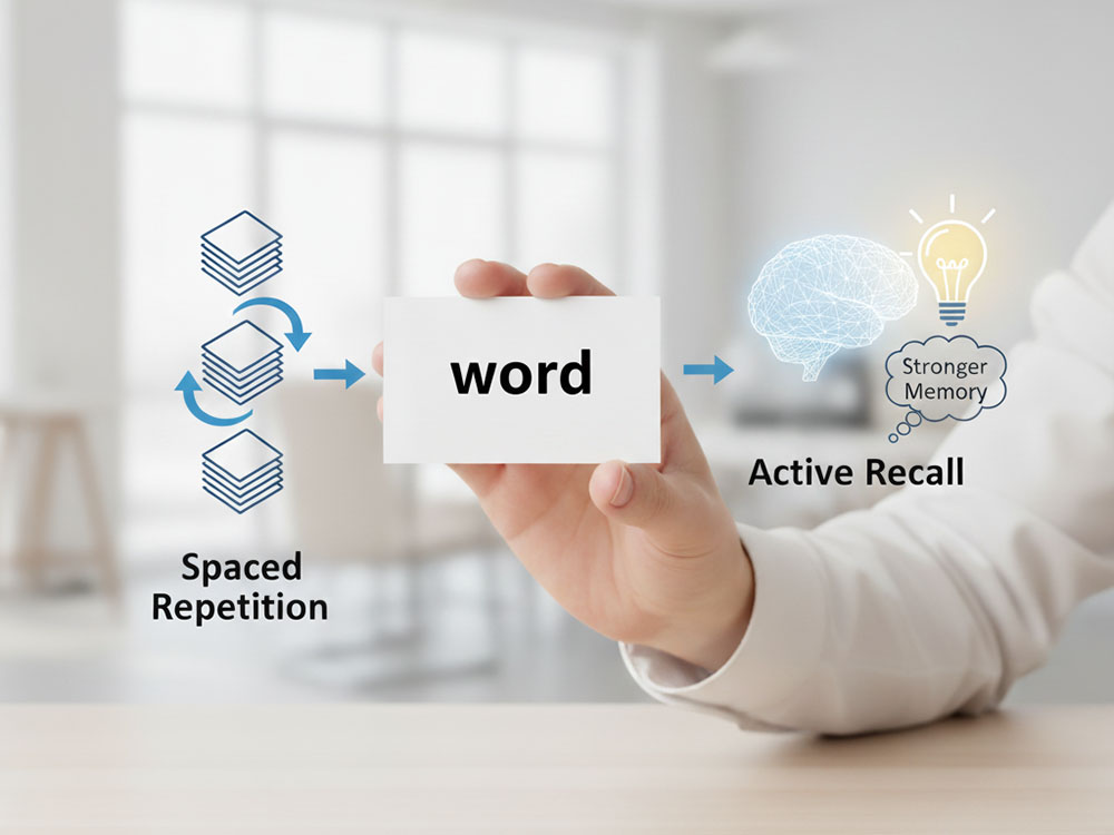 A hand holds a flashcard with 'word' written on it, positioned between icons representing 'Spaced Repetition' and 'Active Recall' leading to 'Stronger Memory'.