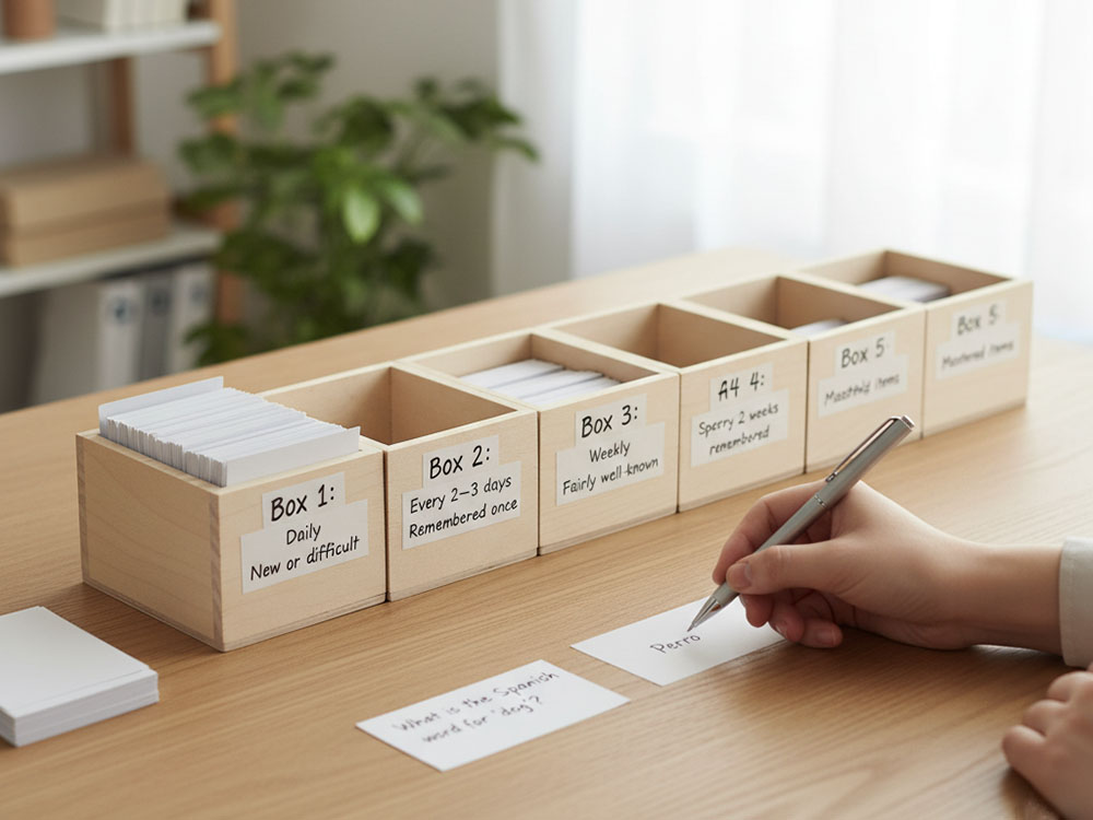 A person's hands are shown at a wooden desk, writing on flashcards. In the foreground, one flashcard reads "What is the Spanish word for 'dog'?" and another reads "Perro". Behind the flashcards, there is a series of five wooden boxes, labeled "Box 1: Daily New or difficult", "Box 2: Every 2-3 days Remembered once", "Box 3: Weekly Fairly well-known", "Box 4: Every 2 weeks Confidently remembered", and "Box 5: Monthly Mastered items". Each box is filled with white flashcards. The background is a bright, softly lit room with a window, a plant, and a bookshelf